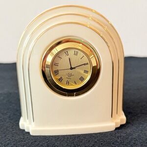 Lenox Ivory Porcelain Mini Mantel Clock Gold Trim Roman Numeral Desk Clock